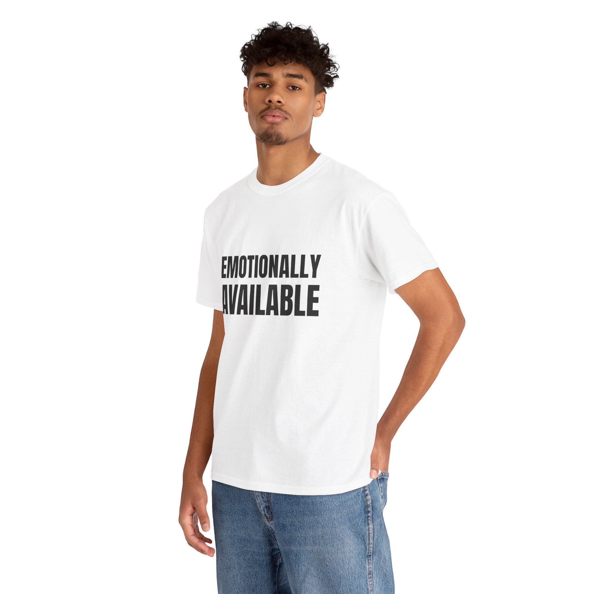 EMOTIONALLY AVAILABLE Humor Unisex Heavy Cotton Tee, Concert Apparel, Party Shirt, Music Lover Gift, Weekend Outfit