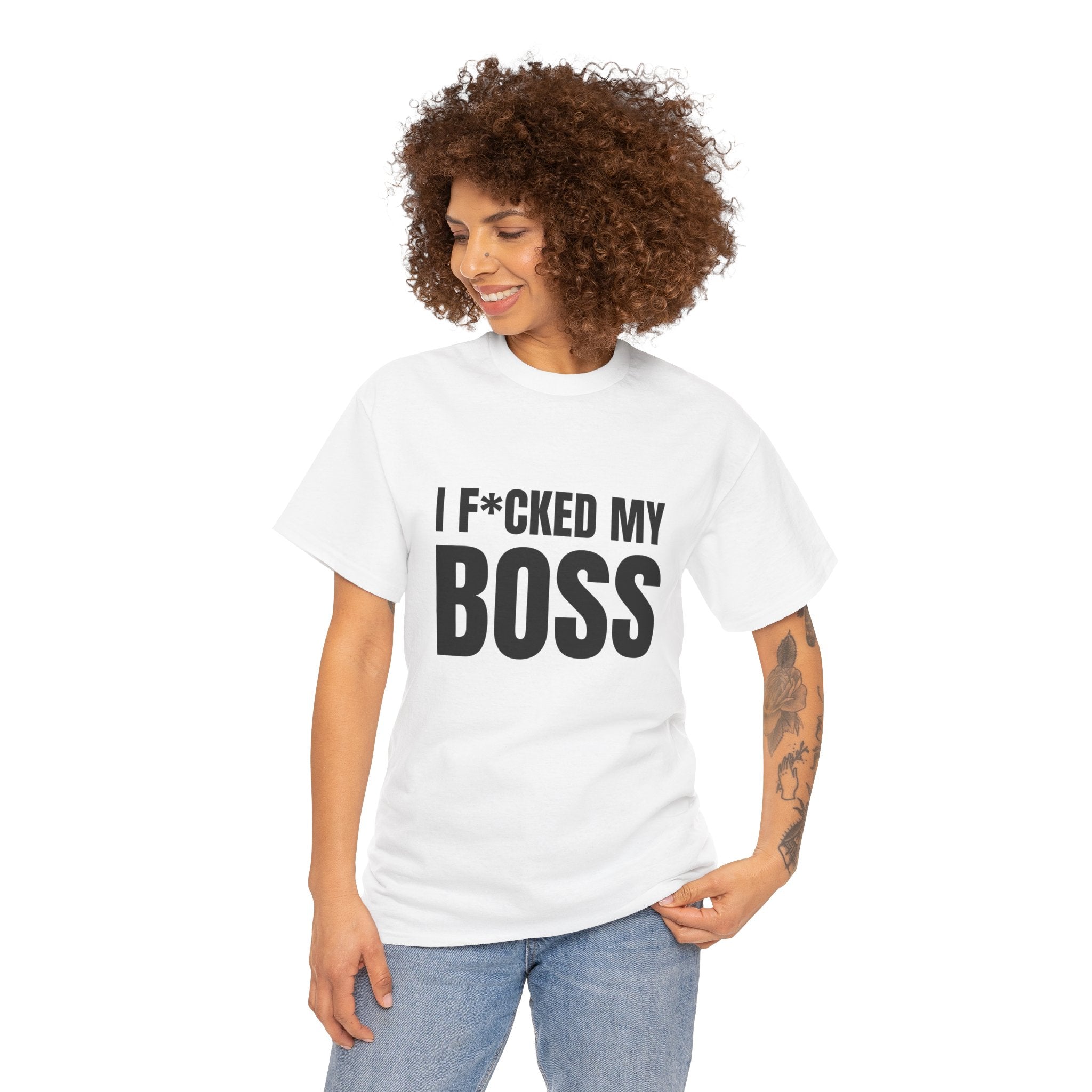 I F*CKED MY BOSS Humor Unisex Heavy Cotton Tee, Concert Apparel, Party Shirt, Music Lover Gift, Weekend Outfit