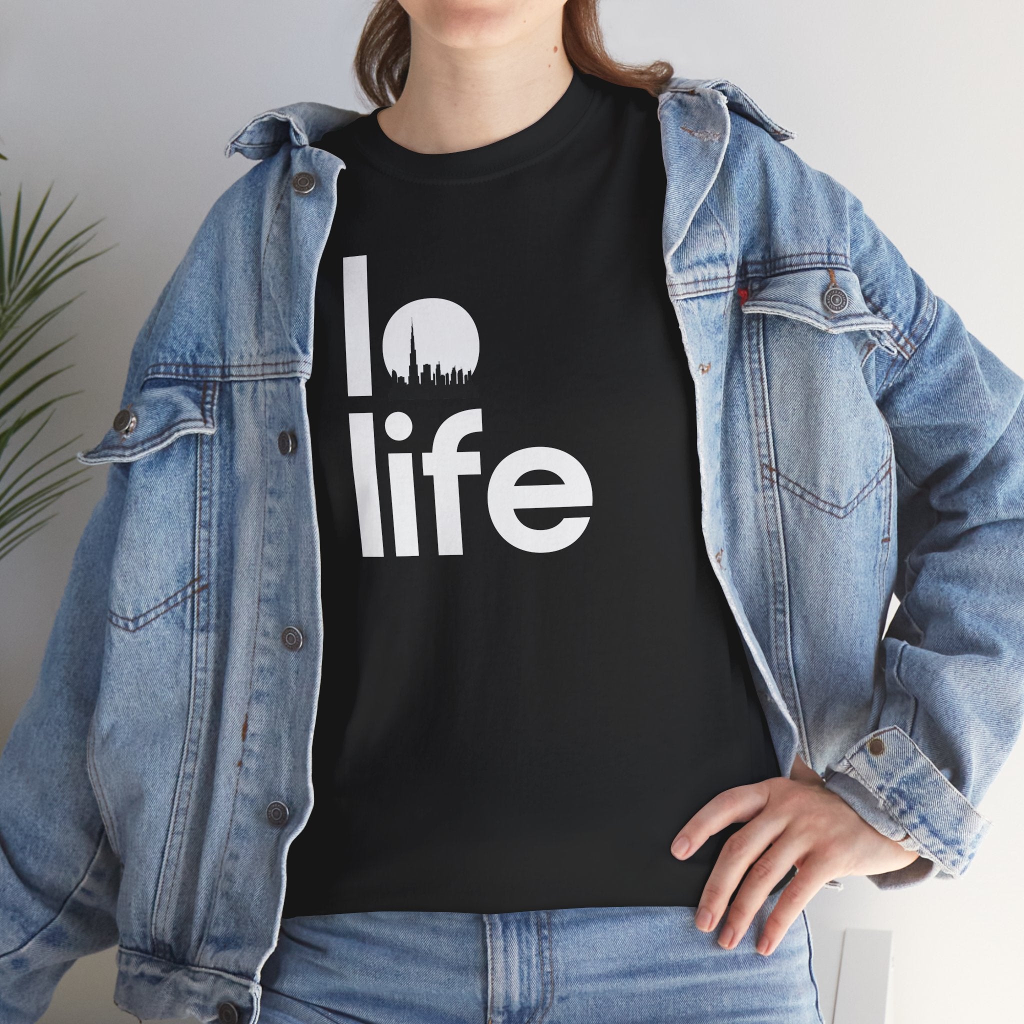 LO LIFE | DUBAI SKYLINE Humor Unisex Heavy Cotton Tee, Concert Apparel, Party Shirt, Music Lover Gift, Weekend Outfit