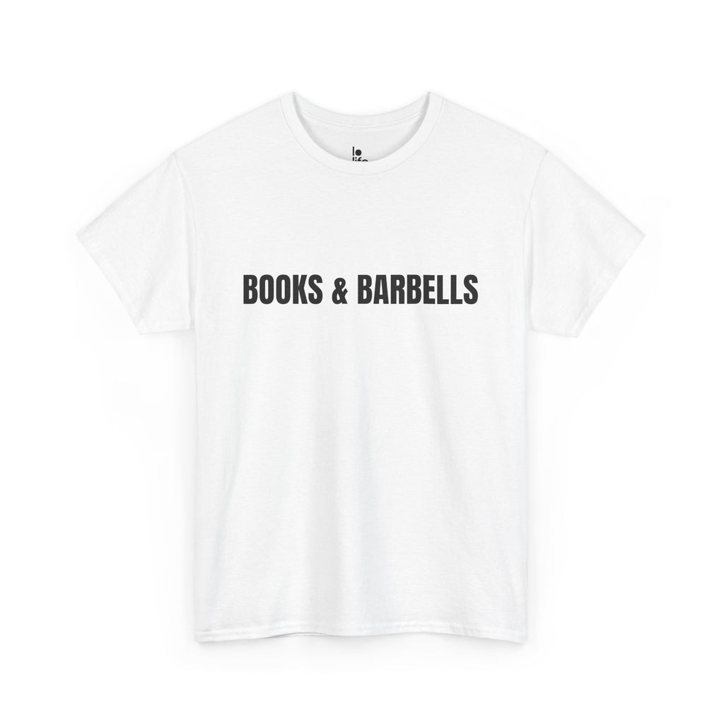 BOOKS AND BARBELLS Humor Unisex Heavy Cotton Tee, Concert Apparel, Party Shirt, Music Lover Gift, Weekend Outfit