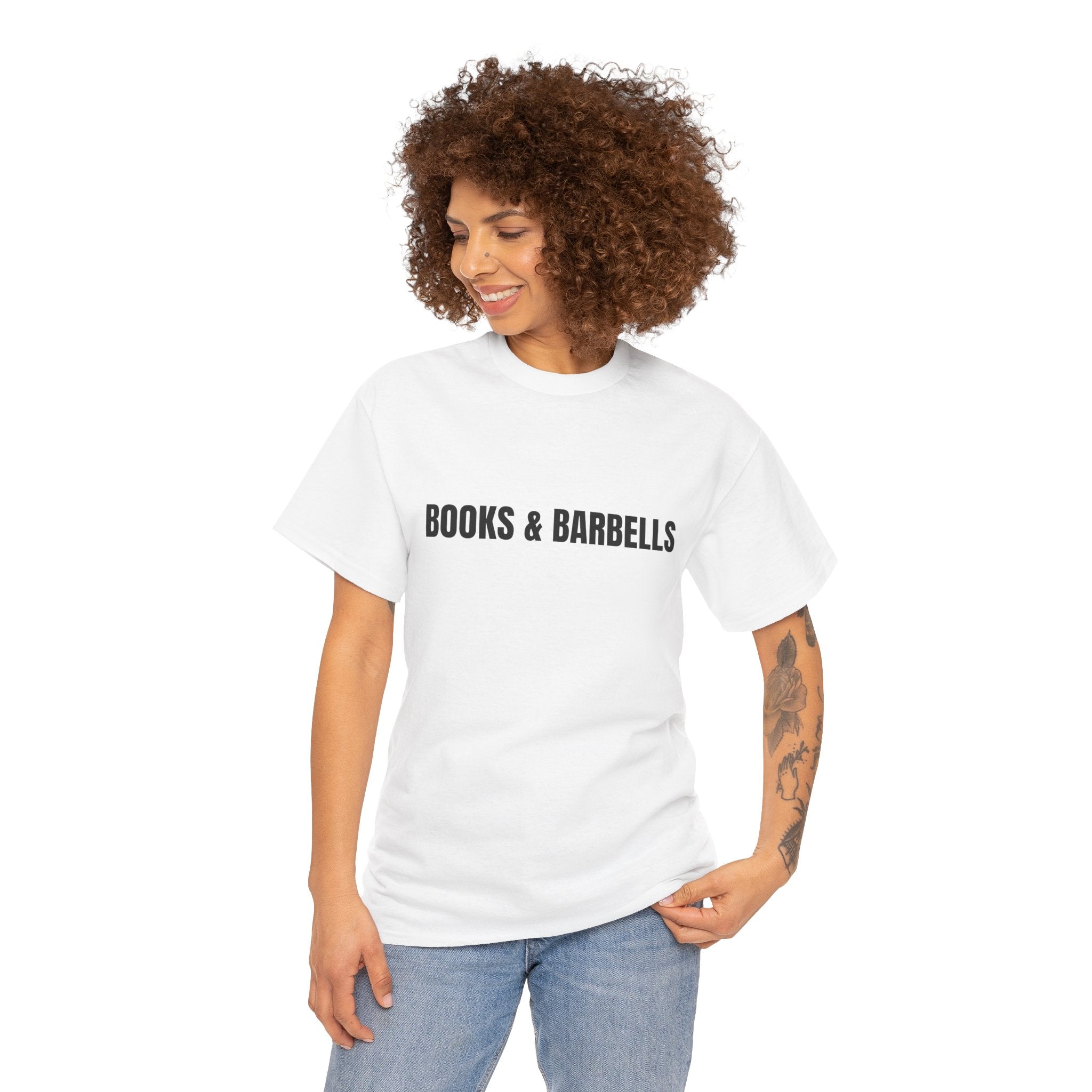 BOOKS AND BARBELLS Humor Unisex Heavy Cotton Tee, Concert Apparel, Party Shirt, Music Lover Gift, Weekend Outfit