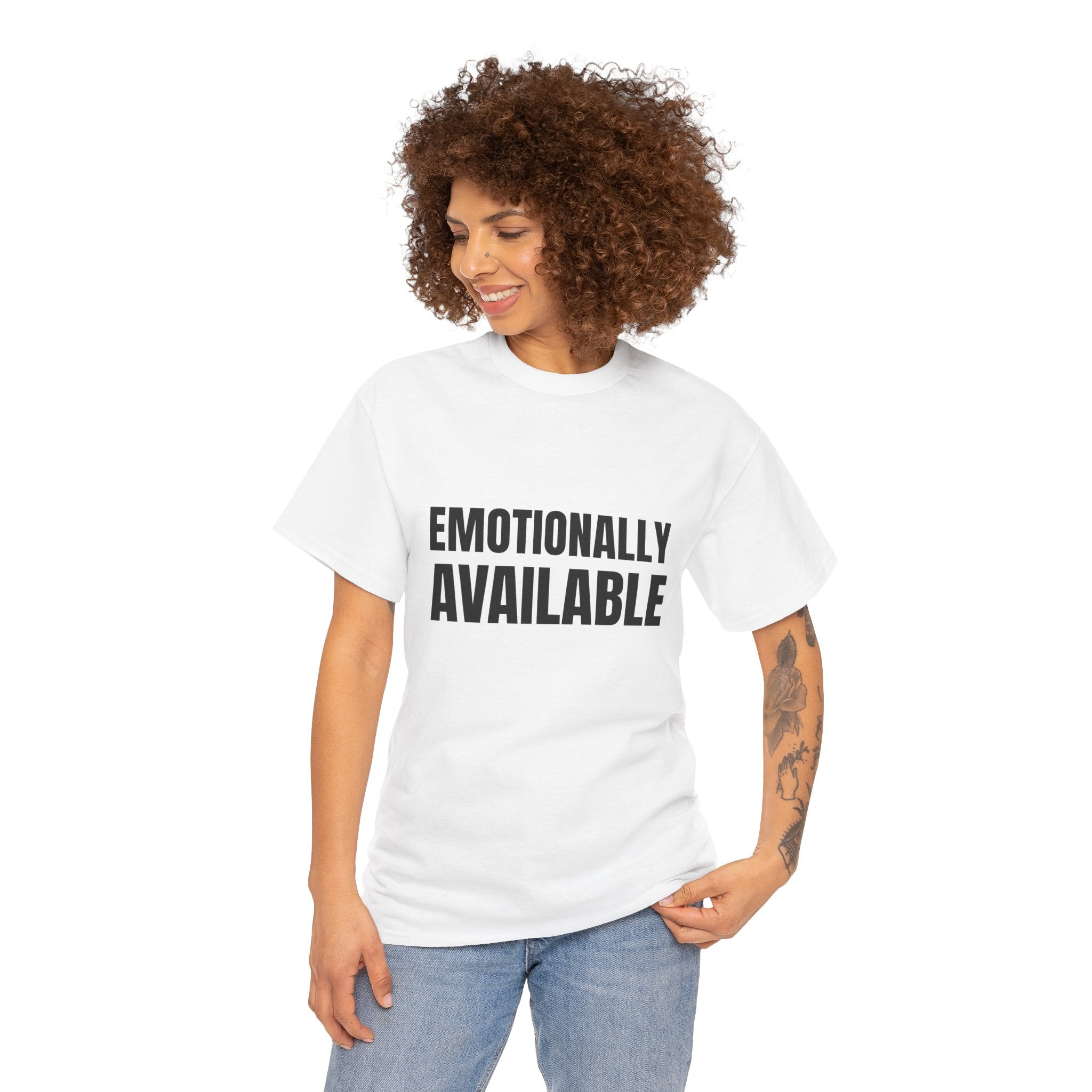 EMOTIONALLY AVAILABLE Humor Unisex Heavy Cotton Tee, Concert Apparel, Party Shirt, Music Lover Gift, Weekend Outfit