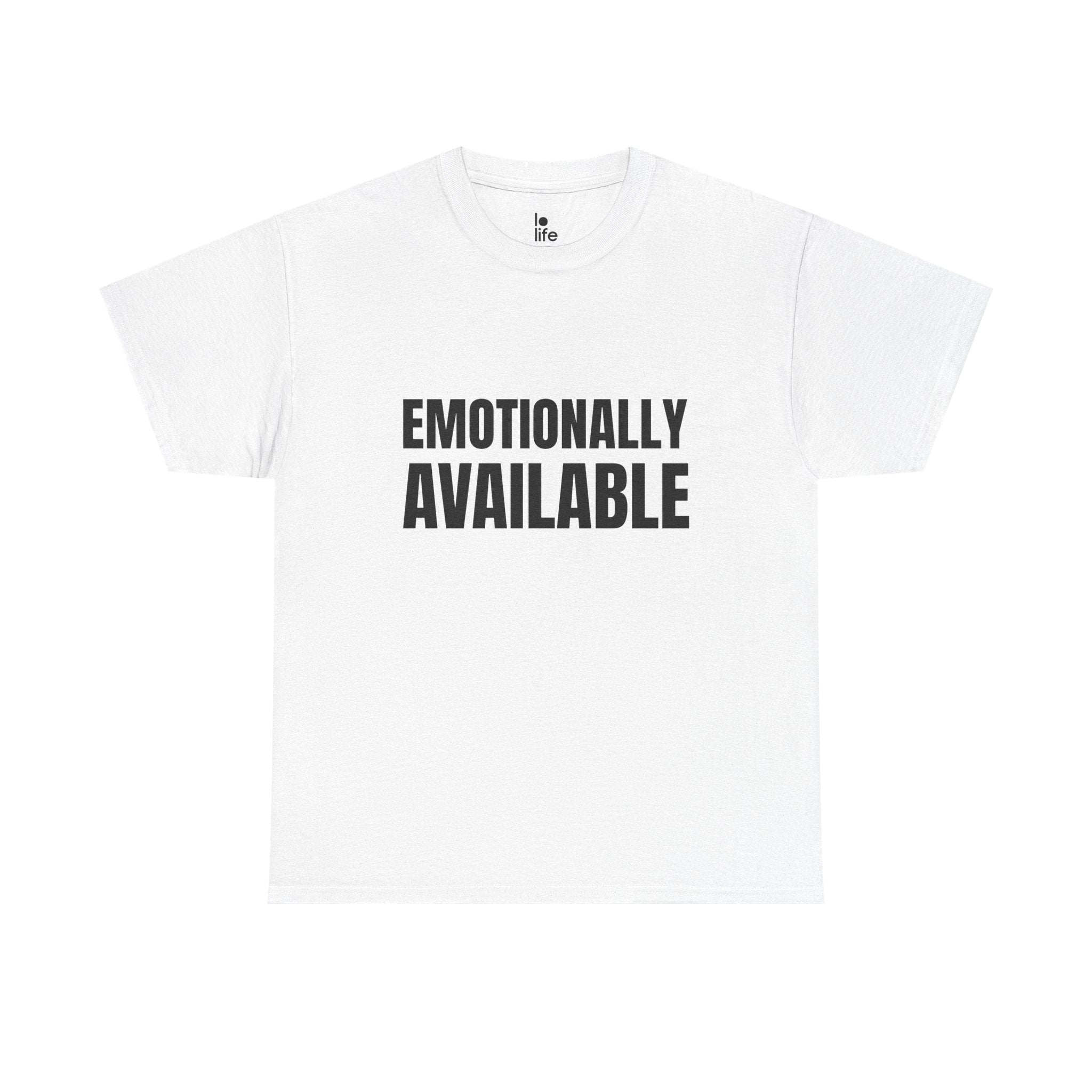 EMOTIONALLY AVAILABLE Humor Unisex Heavy Cotton Tee, Concert Apparel, Party Shirt, Music Lover Gift, Weekend Outfit
